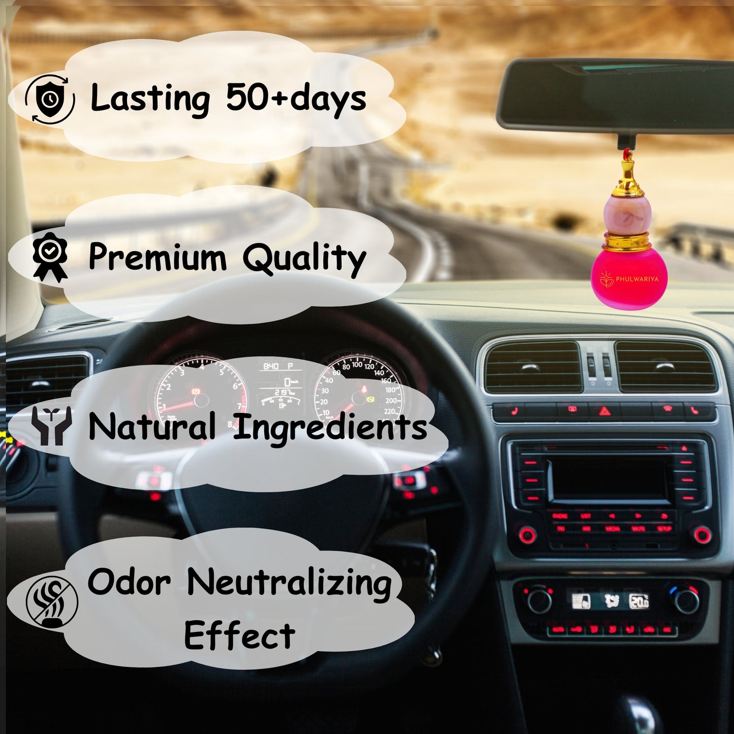 Phulwariya Car Air Freshener | Hanging Glass Bottle | Long-Lasting Fragrance for 28+ Days